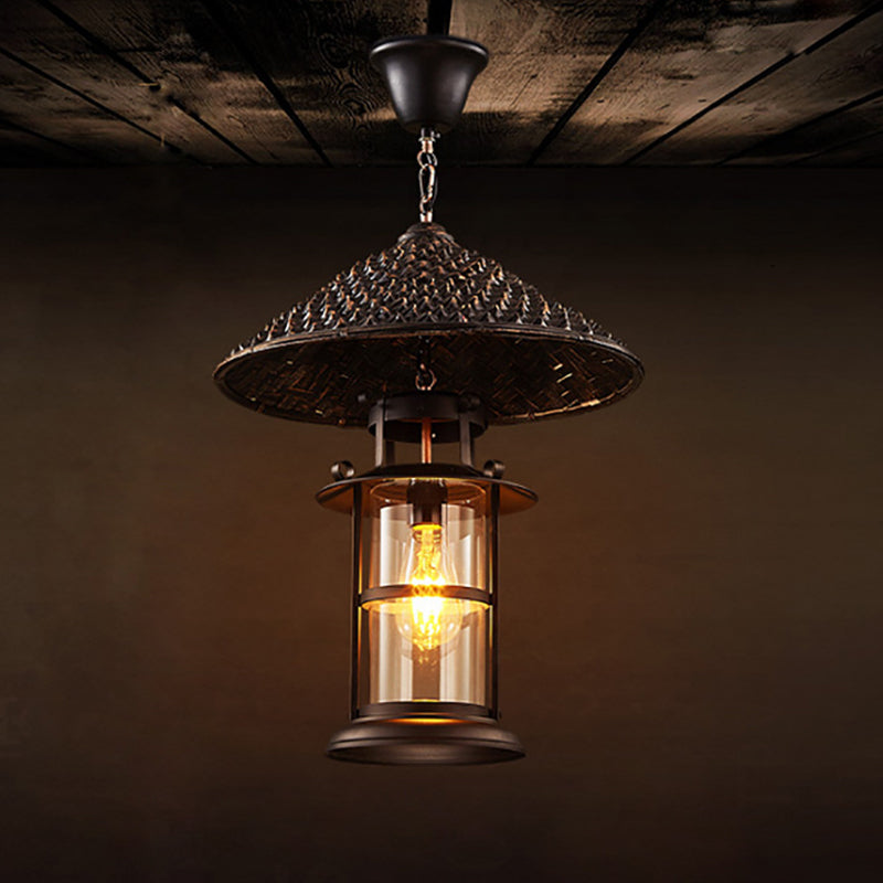 Black Rural Pendant Light With Transparent Glass Cylinder And Pointy Hat Decoration