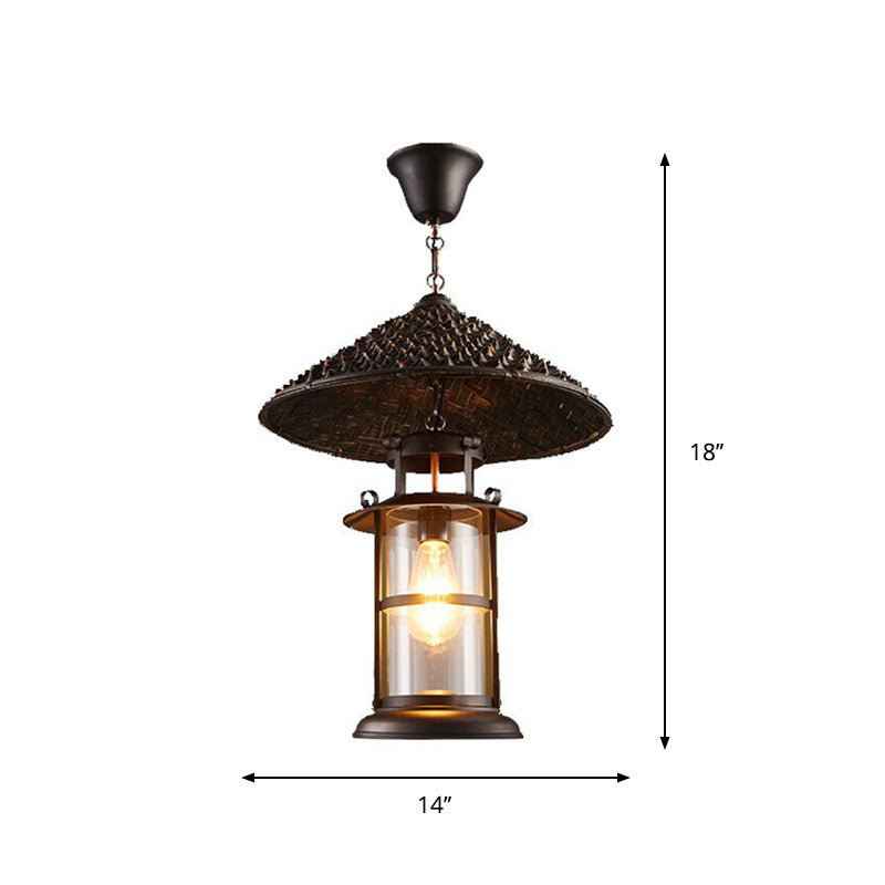 Black Rural Pendant Light With Transparent Glass Cylinder And Pointy Hat Decoration