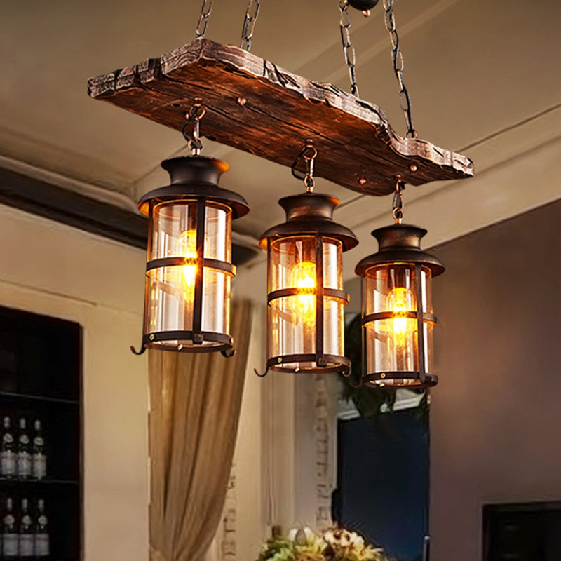 Clear Glass Island Pendant Light: Farmhouse Brown Cylindrical Bistro Ceiling Hang