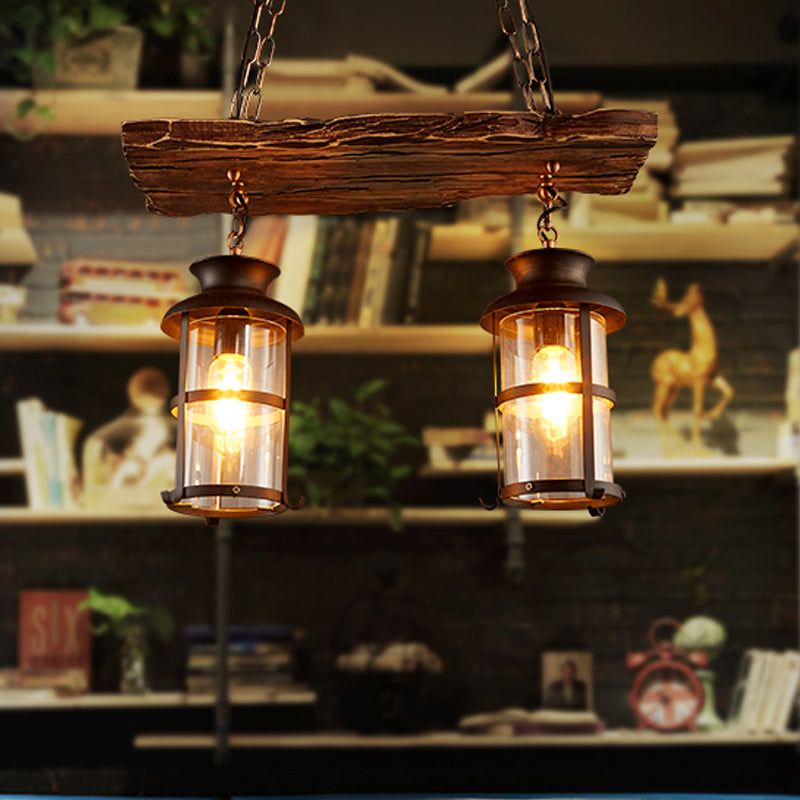 Clear Glass Island Pendant Light: Farmhouse Brown Cylindrical Bistro Ceiling Hang