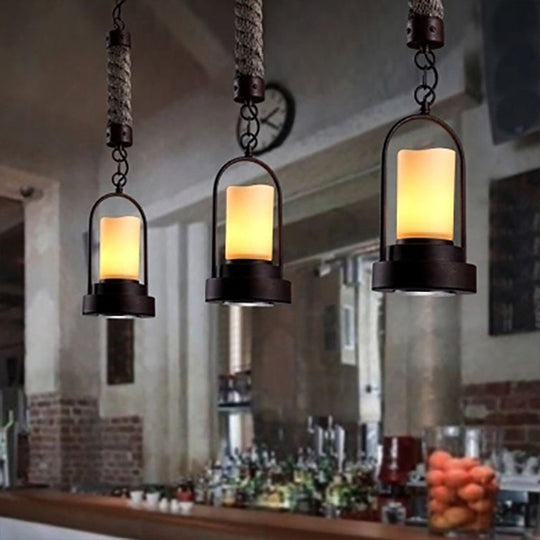 Rustic Arched Pendant Light with Retro Metallic Design - Single Kitchen Bar Down Light with Candle and Rope Accent