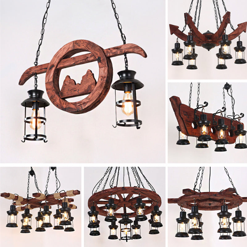 Farmhouse Brown Lantern Pendant Lamp With Clear Glass And Multiple Wood Arm Designs - Island Light