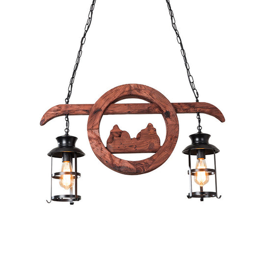 Farmhouse Brown Lantern Pendant Lamp With Clear Glass And Multiple Wood Arm Designs - Island Light