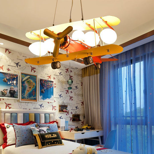 Metallic Propeller Plane Chandelier - 5 Light Cartoon Suspension In Yellow & Red