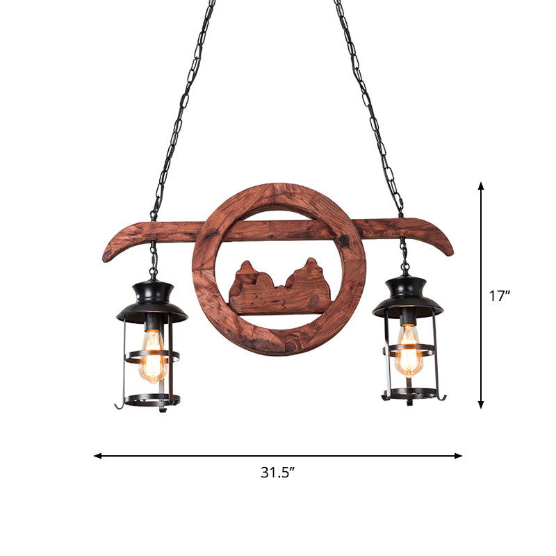 Farmhouse Brown Lantern Pendant Lamp With Clear Glass And Multiple Wood Arm Designs - Island Light