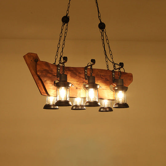 Farmhouse Brown Lantern Pendant Lamp With Clear Glass And Multiple Wood Arm Designs - Island Light