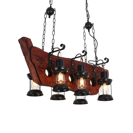 Farmhouse Brown Lantern Pendant Lamp With Clear Glass And Multiple Wood Arm Designs - Island Light