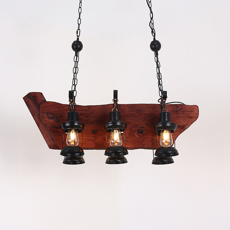 Farmhouse Brown Lantern Pendant Lamp With Clear Glass And Multiple Wood Arm Designs - Island Light