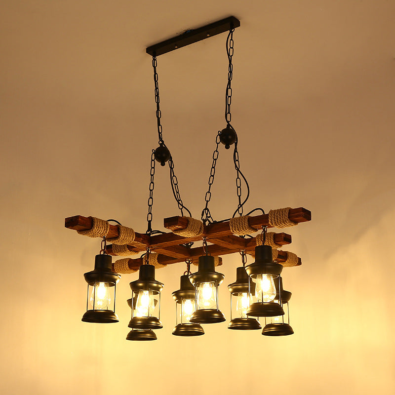 Farmhouse Brown Lantern Pendant Lamp With Clear Glass And Multiple Wood Arm Designs - Island Light