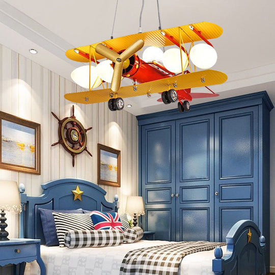 Metallic Propeller Plane Chandelier - 5 Light Cartoon Suspension In Yellow & Red