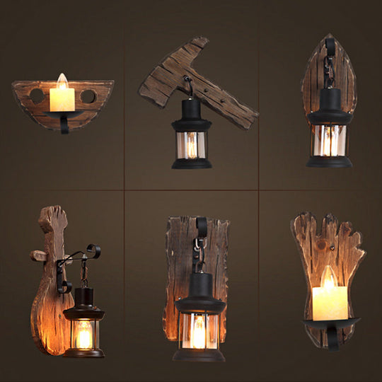 Countryside Brown Lantern Wall Light Kit With Clear Glass Shade And Wood Backplate 1-Light