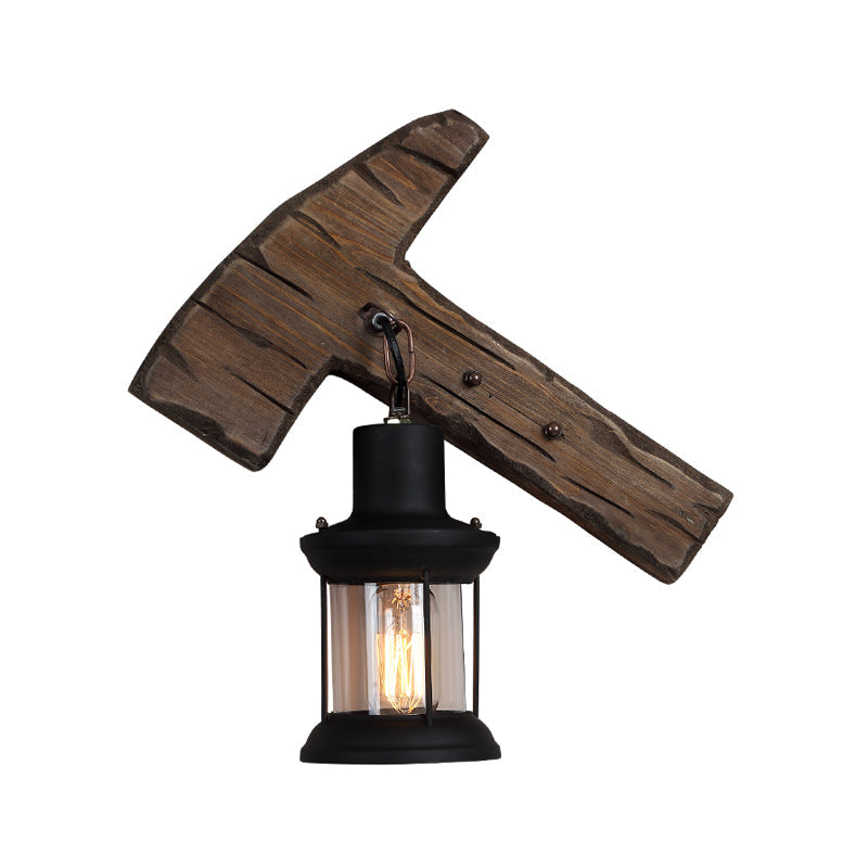 Countryside Brown Lantern Wall Light Kit With Clear Glass Shade And Wood Backplate 1-Light