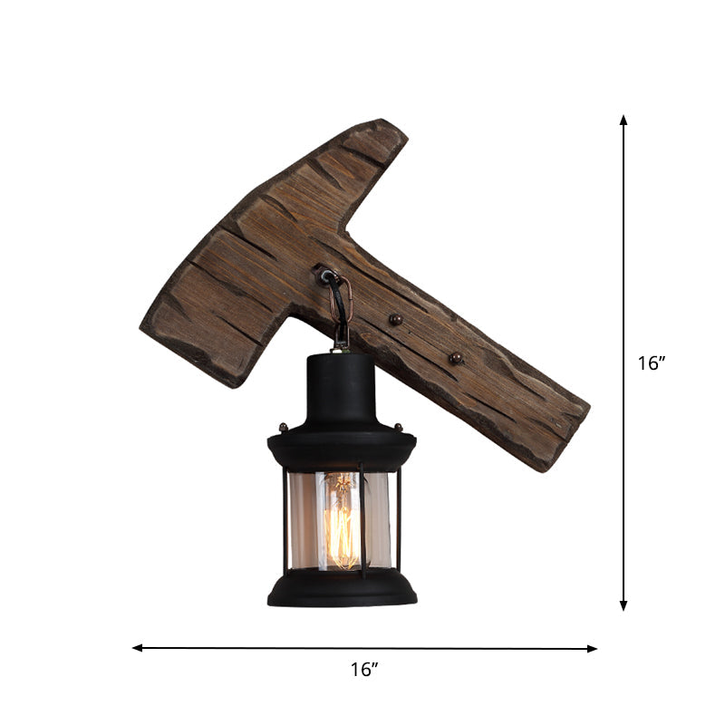 Countryside Brown Lantern Wall Light Kit With Clear Glass Shade And Wood Backplate 1-Light