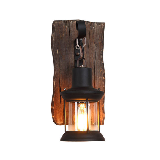 Countryside Brown Lantern Wall Light Kit With Clear Glass Shade And Wood Backplate 1-Light