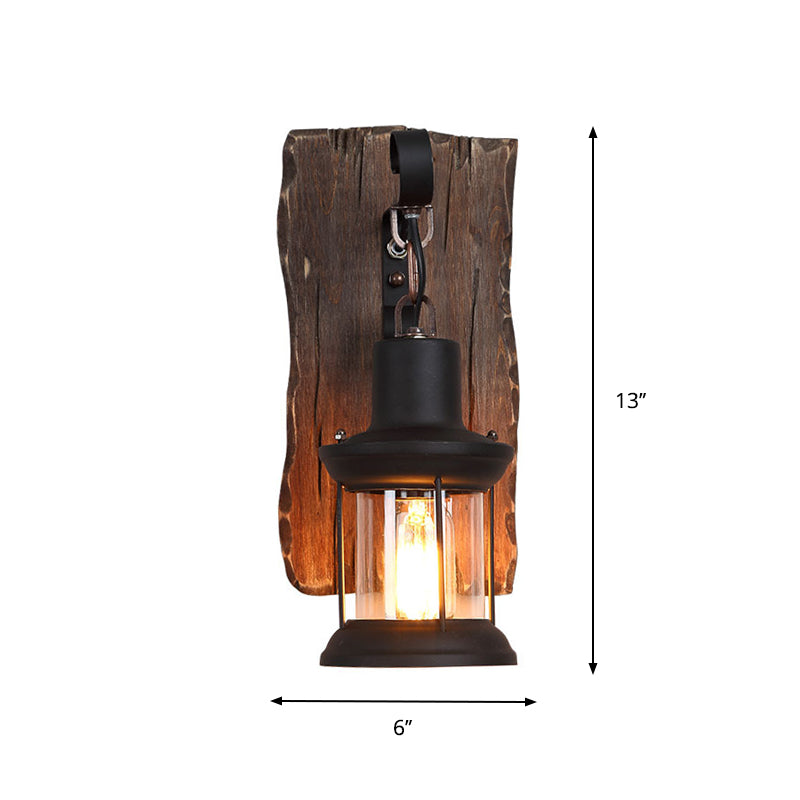 Countryside Brown Lantern Wall Light Kit With Clear Glass Shade And Wood Backplate 1-Light