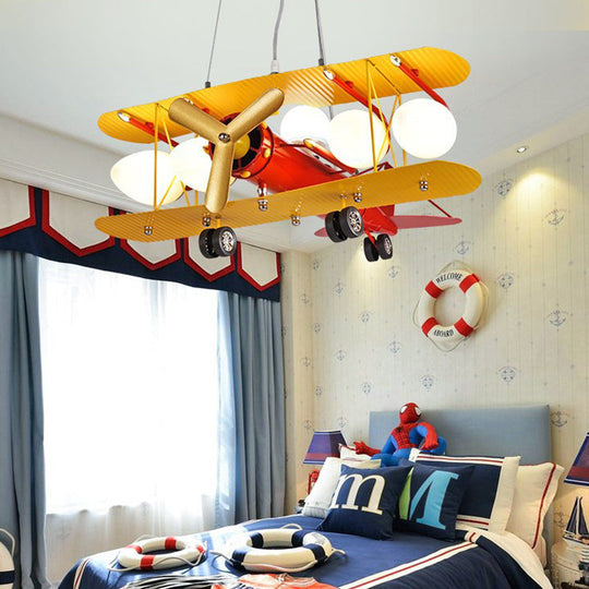 Metallic Propeller Plane Chandelier - 5 Light Cartoon Suspension In Yellow & Red