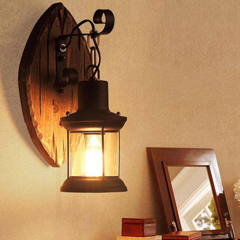 Countryside Brown Lantern Wall Light Kit With Clear Glass Shade And Wood Backplate 1-Light