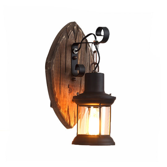 Countryside Brown Lantern Wall Light Kit With Clear Glass Shade And Wood Backplate 1-Light