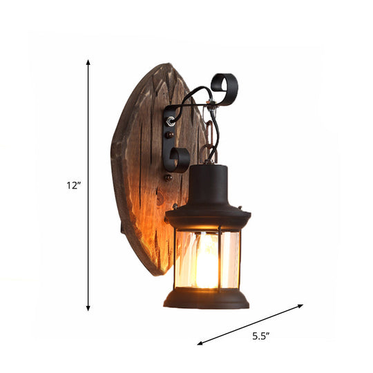 Countryside Brown Lantern Wall Light Kit With Clear Glass Shade And Wood Backplate 1-Light