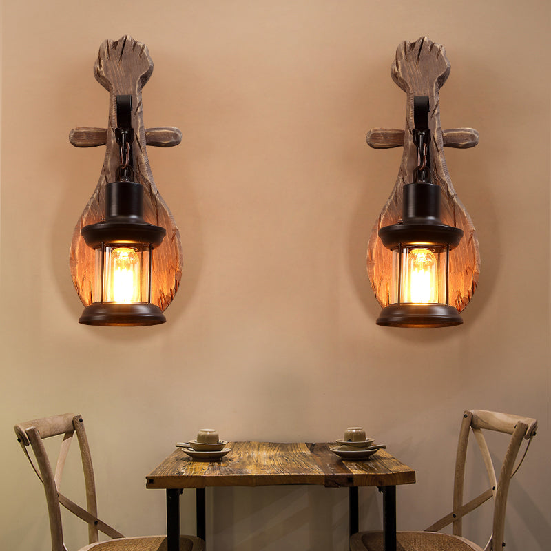 Countryside Brown Lantern Wall Light Kit With Clear Glass Shade And Wood Backplate 1-Light / F