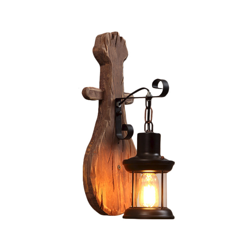 Countryside Brown Lantern Wall Light Kit With Clear Glass Shade And Wood Backplate 1-Light