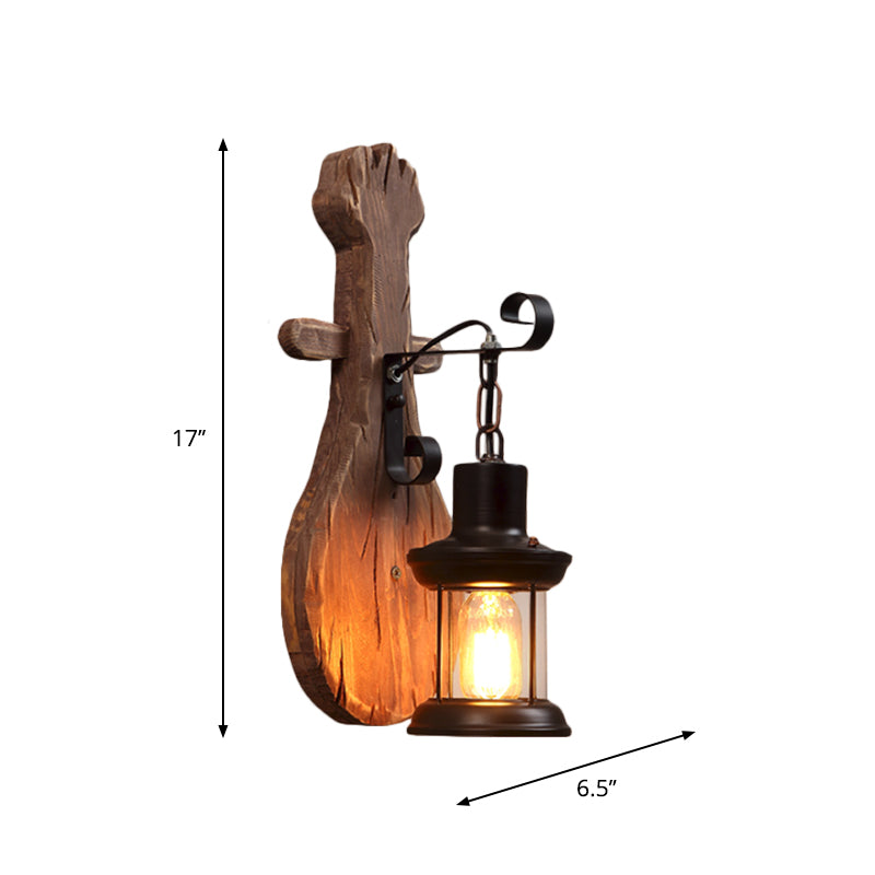 Countryside Brown Lantern Wall Light Kit With Clear Glass Shade And Wood Backplate 1-Light