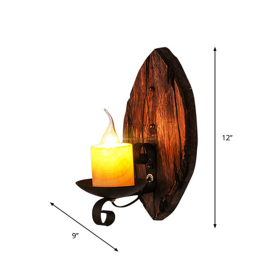 Rustic Wood Wall Sconce Light: Oval/Fish Shape Kitchen Mounted Lamp With Candle/Lantern (Brown)