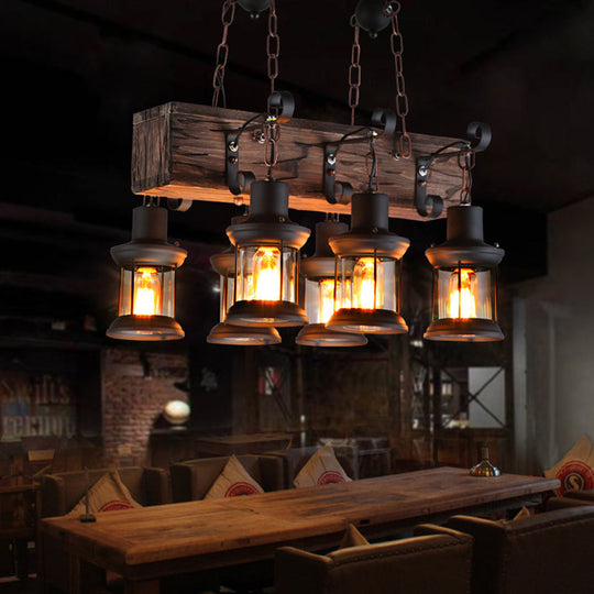 Farmhouse Ceiling Pendant Light - Clear Glass & Brown Island Lamp Lantern With Wood Block Top 6