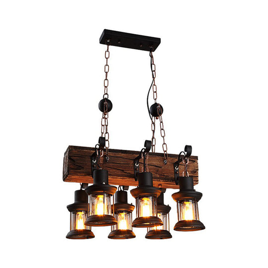 Farmhouse Ceiling Pendant Light - Clear Glass & Brown Island Lamp Lantern With Wood Block Top 6