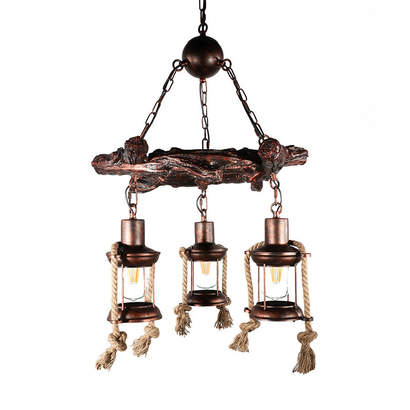 Nautical Hanging Light Kit with Rope Cord - 3/7 Head Metallic Chandelier Pendant in Copper