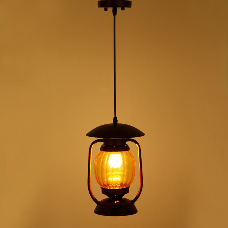 Copper 1-Light Farmhouse Pendant With Amber Ribbed Glass - Ceiling Hang Lamp For Table