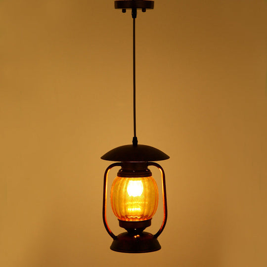 Copper 1-Light Farmhouse Pendant With Amber Ribbed Glass - Ceiling Hang Lamp For Table