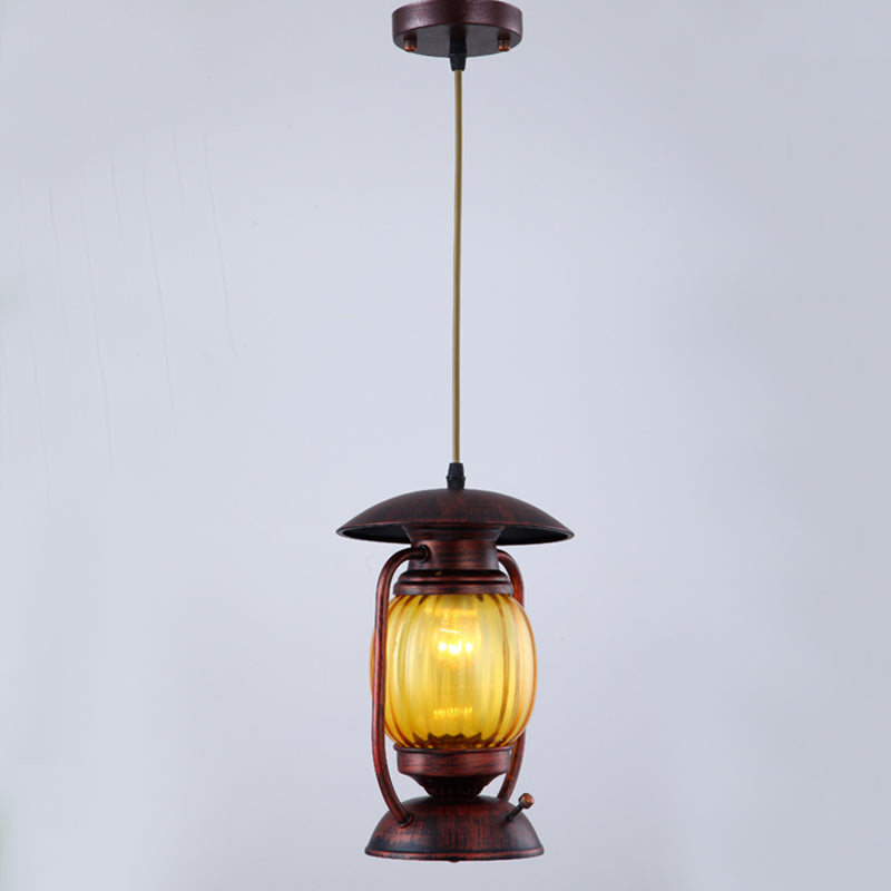 Copper Farmhouse Amber Glass Lantern Pendant Light