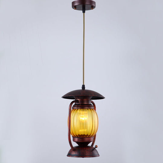 Copper 1-Light Farmhouse Pendant With Amber Ribbed Glass - Ceiling Hang Lamp For Table