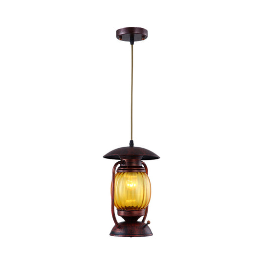 Copper Farmhouse Amber Glass Lantern Pendant Light