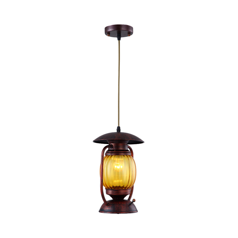 Copper 1-Light Farmhouse Pendant With Amber Ribbed Glass - Ceiling Hang Lamp For Table