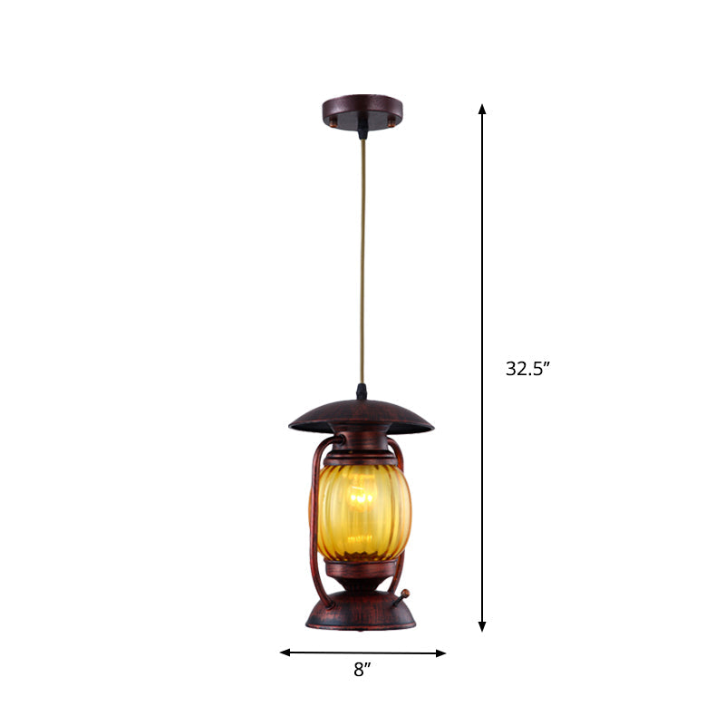 Copper 1-Light Farmhouse Pendant With Amber Ribbed Glass - Ceiling Hang Lamp For Table