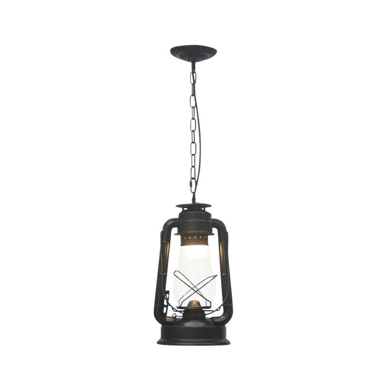 Rustic Clear/Frosted Glass Kerosene Pendant Light: 1-Bulb Dining Room Ceiling Suspension Lamp