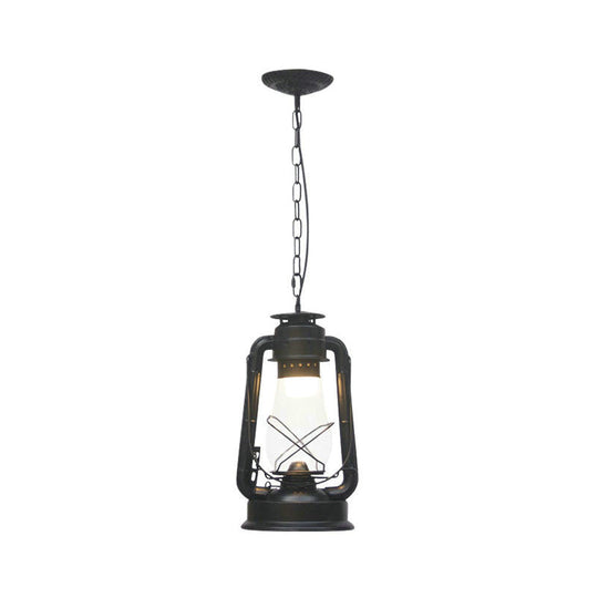 Rustic Clear/Frosted Glass Kerosene Pendant Light: 1-Bulb Dining Room Ceiling Suspension Lamp