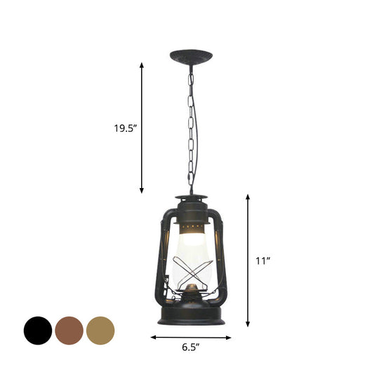 Rustic Clear/Frosted Glass Kerosene Pendant Lamp in Bronze/Copper/Black - 1 Bulb, Dining Room Ceiling Suspension Light