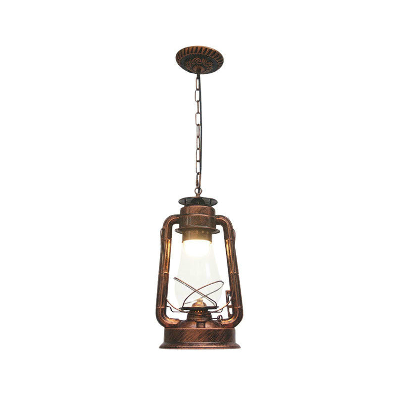 Rustic Clear/Frosted Glass Kerosene Pendant Light: 1-Bulb Dining Room Ceiling Suspension Lamp