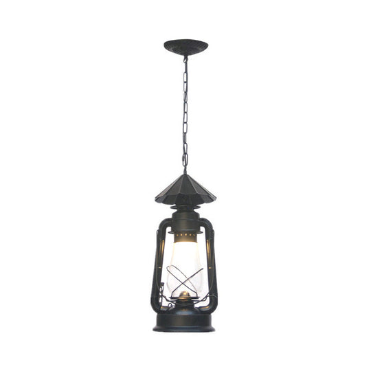 Rustic Clear/Frosted Glass Kerosene Pendant Lamp in Bronze/Copper/Black - 1 Bulb, Dining Room Ceiling Suspension Light