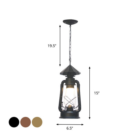 Rustic Clear/Frosted Glass Kerosene Pendant Lamp in Bronze/Copper/Black - 1 Bulb, Dining Room Ceiling Suspension Light