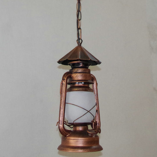 Rustic Clear/Frosted Glass Kerosene Pendant Lamp in Bronze/Copper/Black - 1 Bulb, Dining Room Ceiling Suspension Light