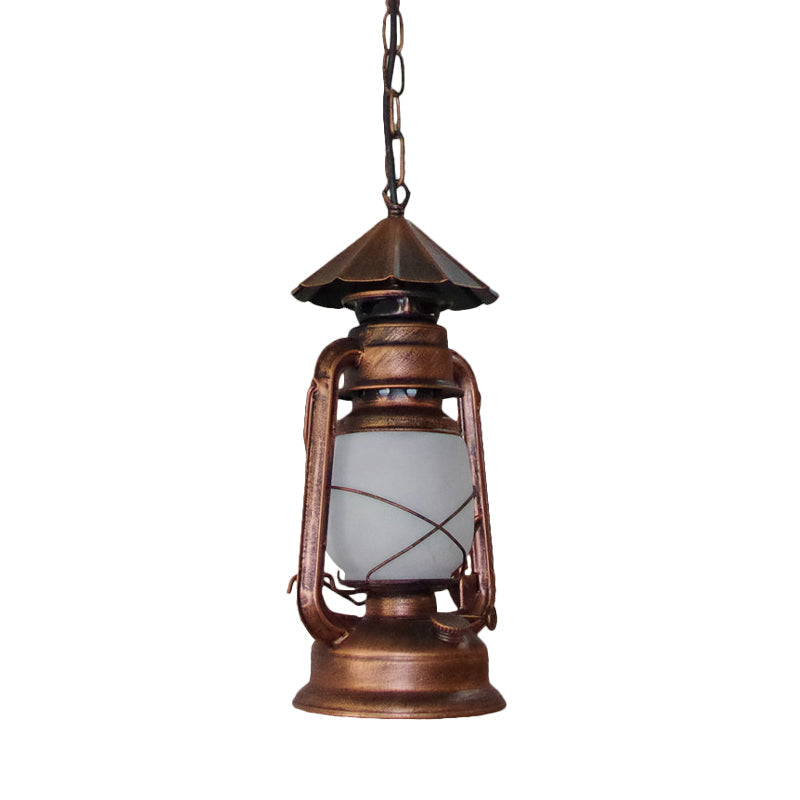 Rustic Clear/Frosted Glass Kerosene Pendant Lamp in Bronze/Copper/Black - 1 Bulb, Dining Room Ceiling Suspension Light