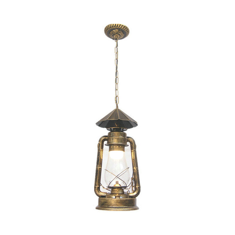 Rustic Clear/Frosted Glass Kerosene Pendant Lamp in Bronze/Copper/Black - 1 Bulb, Dining Room Ceiling Suspension Light