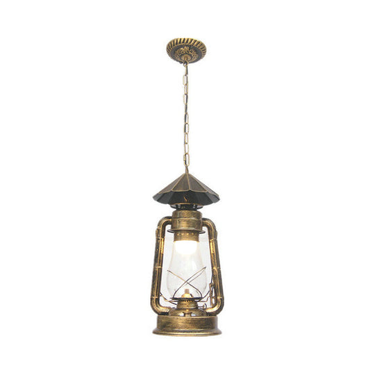 Rustic Clear/Frosted Glass Kerosene Pendant Light: 1-Bulb Dining Room Ceiling Suspension Lamp