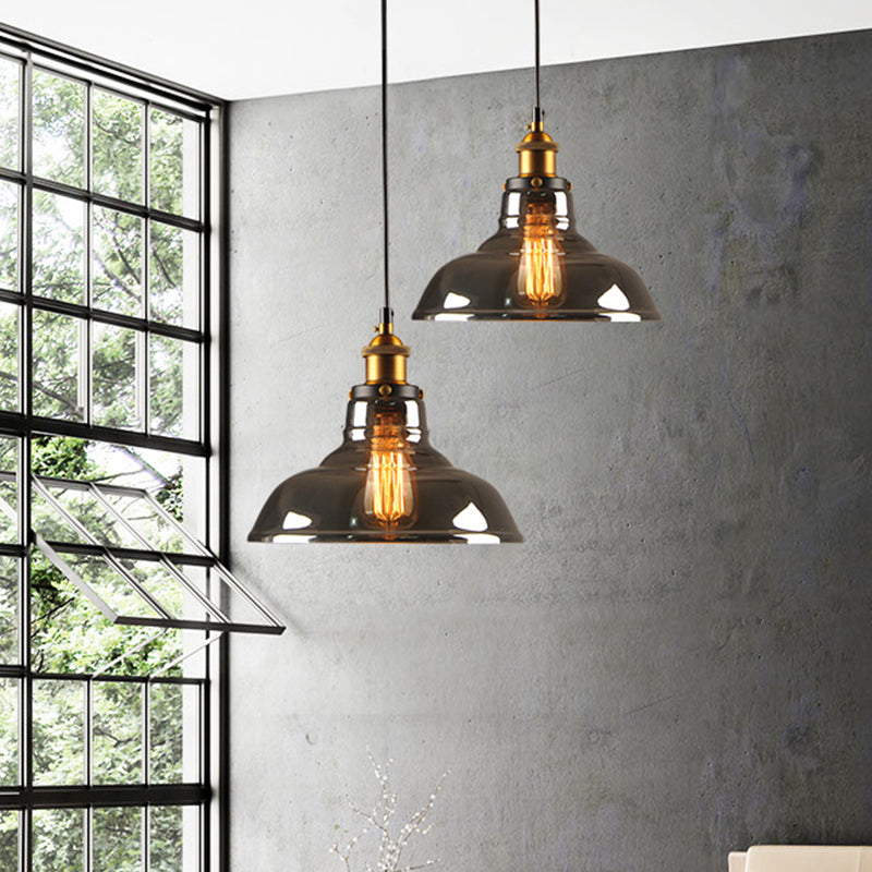 Clear/Smoke Grey Glass Barn Pendant Lamp Country Style Dining Room Hanging Light In Brass/Black