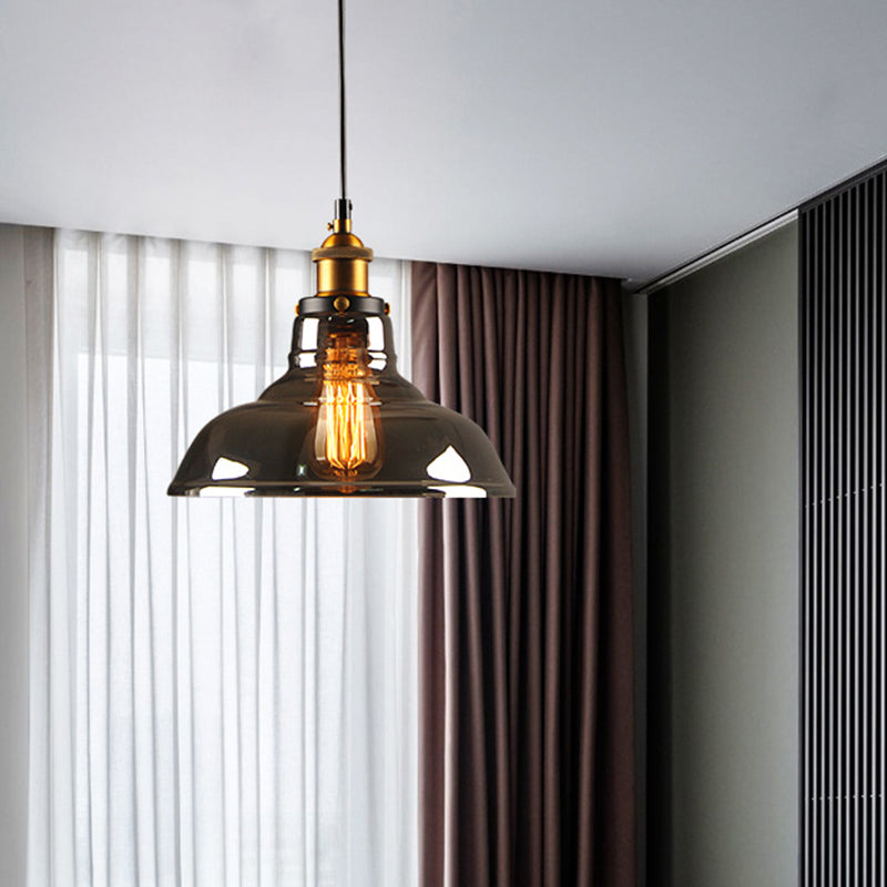 Country Style Glass Pendant Lamp in Clear/Smoke Grey with 1 Head and Brass/Black Finish for Dining Room