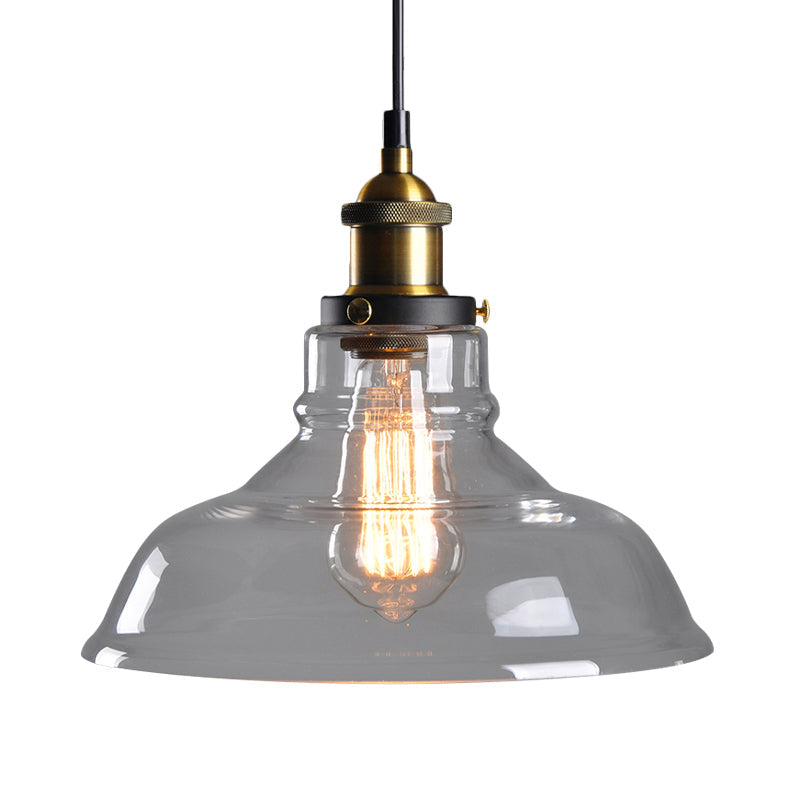 Clear/Smoke Grey Glass Barn Pendant Lamp Country Style Dining Room Hanging Light In Brass/Black